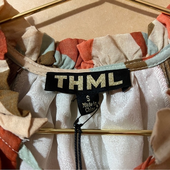 THML | NWT Mia Midi Dress Tie Neck Smocked Tiered Popover Geometric Print Size S - Picture 3 of 14